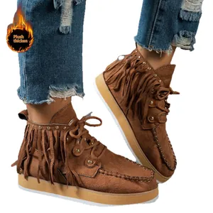 Stylish brown western style fringe ankle boots with warm plush lining and metal studs