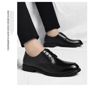 Close-up macro shot of premium black leather men's dress shoes with elegant lace-up detail