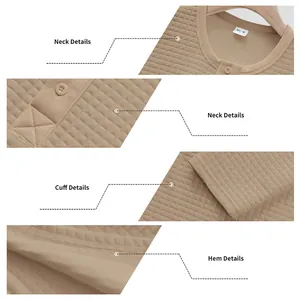 Close-up view showing the neck, cuff, and hem detail of a khaki textured Henley sweatshirt