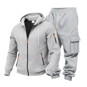 Grijze heren joggingpak set met fleece hoodie en cargo trainingsbroek