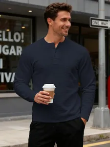 Navy blue waffle knit long-sleeved Henley shirt with premium jacquard texture for men.