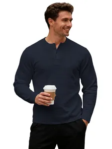 Men's dark navy waffle knit Henley shirt with long sleeves and textured jacquard pattern