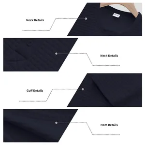 Close-up view of neck, cuff, and hem details on a navy blue textured jacquard men's Henley shirt.