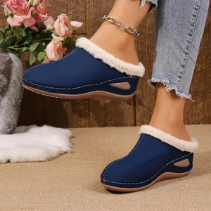 Detailed side view of navy blue wedge platform slippers with warm fleece lining