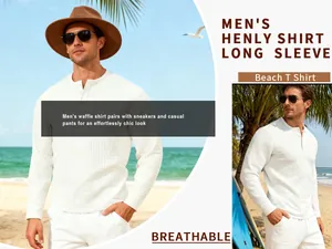 Detailed view of white waffle knit men's long sleeve Henley shirt for a casual beach look