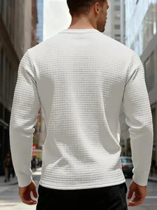 Back view of a men's white long-sleeve sweatshirt with a square jacquard grid texture.