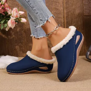 Navy blue fleece-lined wedge mules for women featuring a cozy slip-on comfort design.