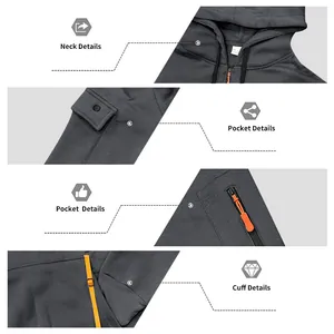 Détails du col, des poches et des poignets d'un sweat à capuche épais pour homme gris.