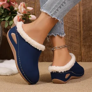 Close-up view of navy blue wedge mules with cozy white fleece lining and thick platform sole