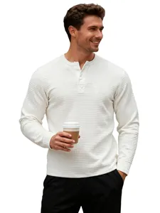 Detailed view of men's vintage white waffle knit Henley shirt showing the fabric texture.