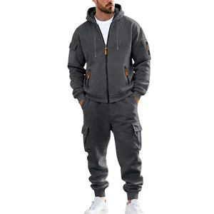Zware donkergrijze fleece trainingspak set voor heren met hoodie en cargo broek