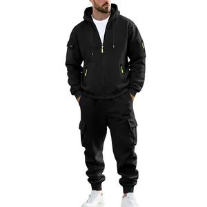 Zwaar heren fleece trainingspak met cargo jack met capuchon en joggingbroek