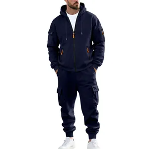 Zwaargewicht fleece trainingspak met capuchon voor heren en navy cargo joggingbroek setje