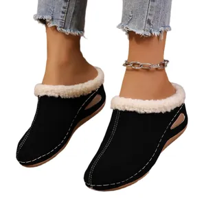 Womens stylish black wedge plush lined closed-toe mule slippers with thick sole and faux fur trim