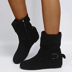 Detailed view of black suede retro ankle boots with side zipper and buckle strap