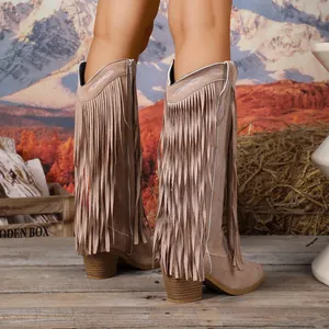 Vintage V-Ausschnitt Stiefel mit langen Fransen und stabilem Blockabsatz für Damen