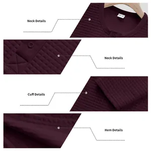 Close-up details of burgundy men's waffle texture Henley long sleeve sweatshirt