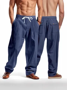 Pantalon Décontracté Homme Mélange Lin Coton Jambe Large Cordon Respirant Couleur Unie Pantalon de Plage Mode d'Été