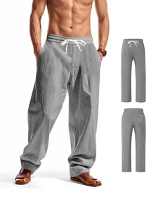 Pantalon large décontracté en lin gris pour homme, idéal pour la plage et l'été