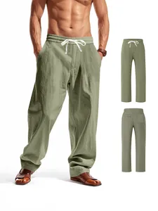Pantalon décontracté en lin pour hommes, coupe large, vert olive avec cordon réglable