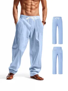 Pantalon large décontracté en lin bleu clair pour homme idéal pour la plage et les loisirs