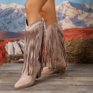 Detailansicht der retro bestickten Cowboy-Stiefel mit V-Ausschnitt und Fransen