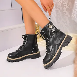 Vue détaillée de bottines noires à plateforme avec crâne argenté et clous décoratifs