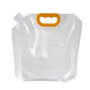 Transparent stand-up spout pouch with white screw cap and yellow handle for liquids