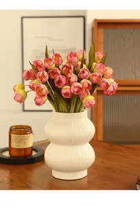 Artificial pink flower bouquet with white ceramic vase for home wedding decor indoor display