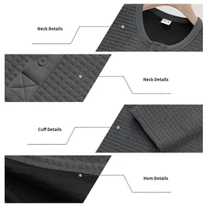 Close-up view of jacquard texture, neck, cuff, and hem of a men's Henley shirt.