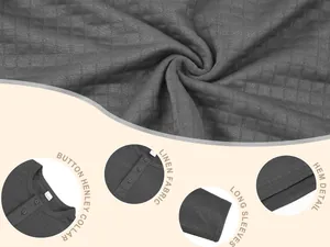 Close-up of jacquard waffle texture and button henley collar on men's long sleeve shirt