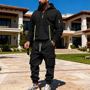 Ensemble de survêtement cargo noir pour homme avec détails vert fluo en polaire épaisse