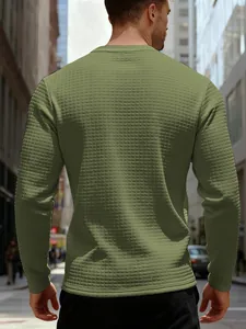 Back view of men's olive green slim fit long sleeve sweatshirt with jacquard grid texture