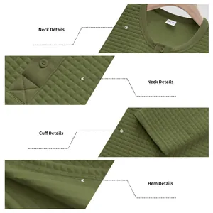 Detail view of men's olive green waffle knit Henley sweatshirt showing neck and cuffs.