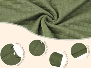 Detail shots showing the olive green waffle knit texture and Henley collar features