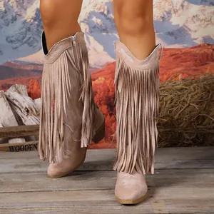 Retro bestickte Fransen-Cowboystiefel mit Blockabsatz und spitzer Kappe für Damen
