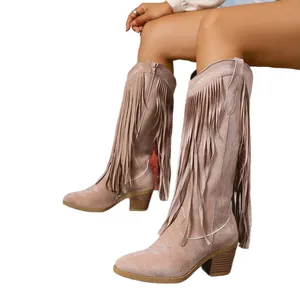 Kniehohe Vintage-Fransen-Cowboystiefel für Damen mit Blockabsatz und spitzer Kappe