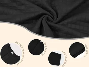 Detailed close-up showing texture, collar, and hem of men's black waffle knit shirt.