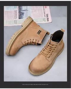 Top-down professional shot of tan leather men's work boots with side zipper and thick soles