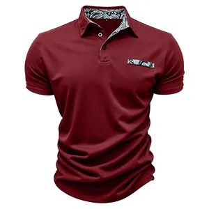 Detail view of burgundy slim fit polo shirt with patterned inner collar and decorative trim