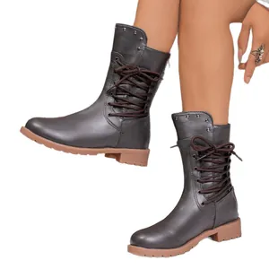 Vintage mid-calf lace-up boots for women with stud detailing and durable rubber sole