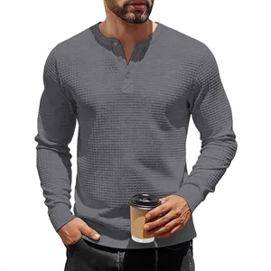 Premium men's grey waffle knit long sleeve Henley shirt with slim fit textured pattern
