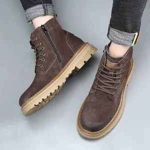 Men's brown suede high-top Martin boots with side zipper and a durable rubber sole