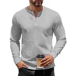 Men's classic waffle-knit Henley long sleeve shirt in light gray with slim fit design