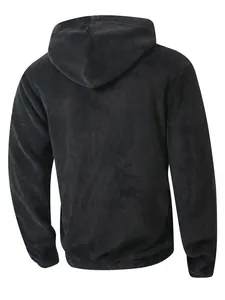 Close-up detail of the back view of a solid black fuzzy fleece hooded sweatshirt