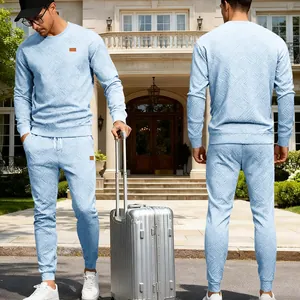 Men's light blue jacquard sweatshirt and pants set shown in front and back view