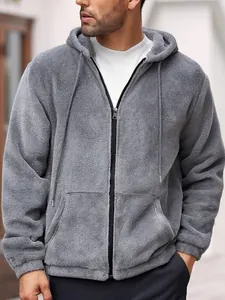 Men's solid color plush hooded zip-up fleece jacket for autumn and winter outdoor wear.