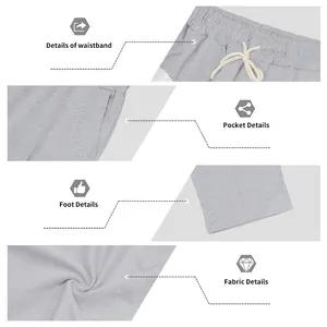 Viste dettagliate dei pantaloni casual grigi da uomo che mostrano vita, tasche e tessuto.