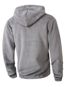 Back view of a grey plush polar fleece hooded jacket showing soft fuzzy texture