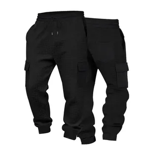 Pantaloni cargo neri pesanti da uomo con trama jacquard e coulisse regolabile in vita